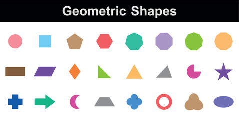 Wall Mural - Set of 2D geometric shapes in math. Circle, square, pentagon, hexagon, heptagon, octagon,decagon, parallelogram, kite, triangle, pic, crescent, arrow, heart, quatrefoil, ring, star, cross and trefoil.