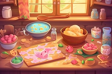 Wall Mural - wooden table filled with an array of colorful and delicious food bowls. Generative AI