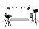 Fototapeta Desenie -  photo studio with lighting and movie camera. 3D rendering  wire-frame