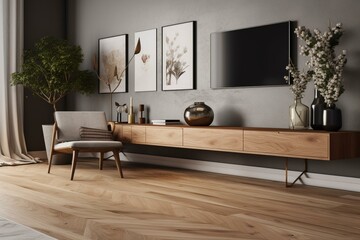 Wall Mural - Flowers vase on coffee table in modern living room with chair, wall shelf and TV on white wall background, ceiling light from under ceiling and sunshine falling on wood floor in. Generative AI