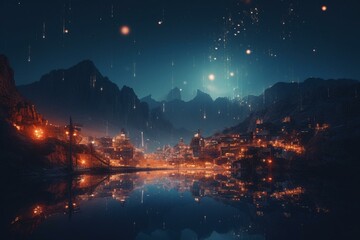 Wall Mural - A futuristic city with a mountain and stars in the sky and a lot of lights volumetric lights a 3d render generative art. Generative AI
