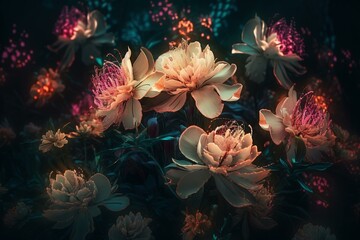 Wall Mural - Fantasy luminous flowers at night, beautiful floral background, generative AI