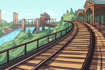 Canvas Print - train track crossing a bridge in a scenic view. Generative AI