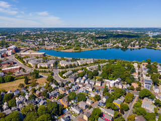 North River and Danvers River aerial view at the river mouth to the Atlantic at Salem Neck historic district in city of Salem, Massachusetts MA, USA. 