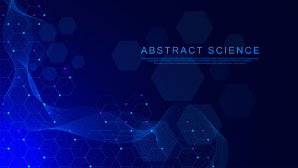 Abstract hexagonal molecule with particles background for scientific, medicine, chemistry, chemical, science and technology backdrop.