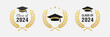 Set of class of 2024 graduation award emblem design template isolated, graduation cap with laurel wreath in gold color
