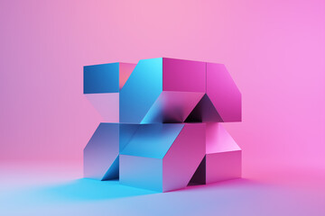 3D illustration of a  colorful node under pink neon lights. Fantastic  shape .Simple geometric shapes