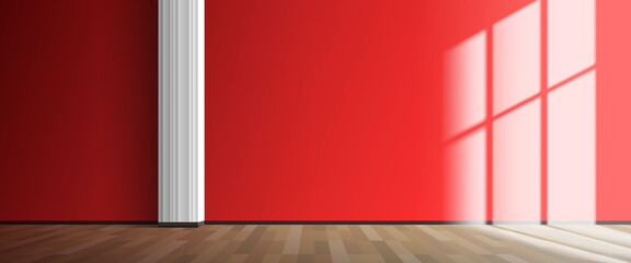 Wall Mural - empty red wall room intertior with white column  window sun light effect vector illustration