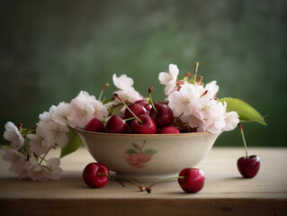 Wall Mural - A Still Life Bowl of Cherries and Cherry Blossoms | Generative AI