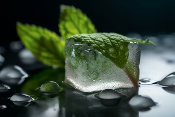 Wall Mural - a mint leaf is on top of an ice cube with water droplets around it and a green leaf on top of the ice cubes, with water droplets around it, on a white background. Generative AI