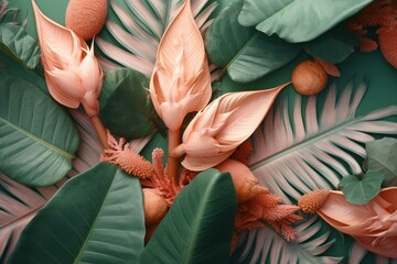 Wall Mural - Ginger (Curcuma) and palm leaves floral pattern, pastel colors. Generated by AI. Generative AI