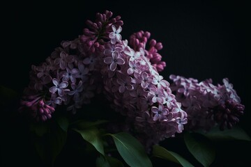Wall Mural - Fresh lilac flowers over dark background, AI generated. Generative AI