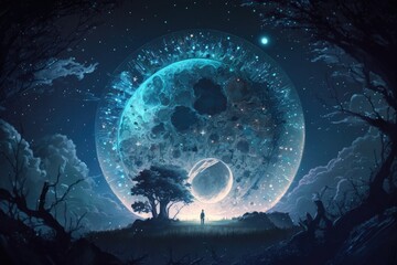 Wall Mural - Sky filled with stars and a full, large moon. Fanciful Background Realistic concept art illustration Digital Art scene Illustration for a serious book