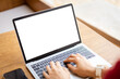© DG PhotoStock - Isolation with clipping path. Young businesswoman working on laptop computer. Businesswoman using notebook computer to work. Empty white notebook screen, isolated with clipping path.