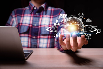 Leinwandbilder - woman Hand holding virtual Global Internet connection metaverse. Business global internet connection application technology and digital marketing, Financial and banking, Digital link tech, big data