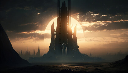 towering citadel with a planet in the background generative ai