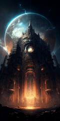 Wall Mural - Towering Citadel With A Planet in the Background Generative AI