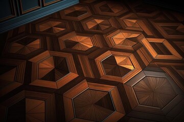 Wall Mural - original geometric patterns on dark brown wood floor tiles, created with generative ai