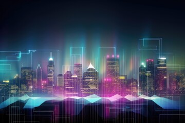 Wall Mural - digital holographic background with view of futuristic cityscape, created with generative ai