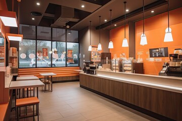 Wall Mural - fast food restaurant with modern, sleek interior, featuring clean lines and bright colors, created with generative ai