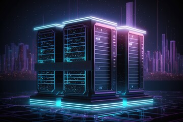 Wall Mural - image of a data center with a cityscape in the background. digitally made concept illustration of global technology and data processing. Generative AI