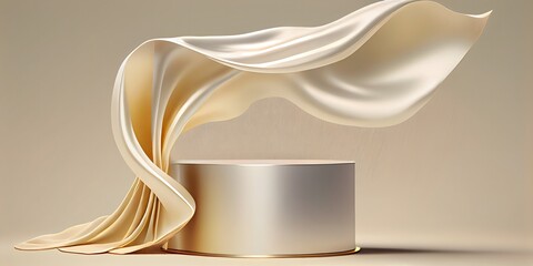 3D display podium, beige background with pedestal and flying nude color silk cloth curtain. Nature wind. Beauty, cosmetic product presentation stand. Luxury feminine mockup. Ai generative