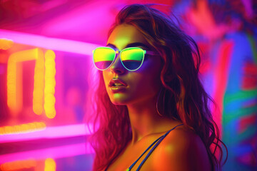 Poster - A retro 1980s girl wearing reflective sunglasses in neon UV lights with copy space, generative ai