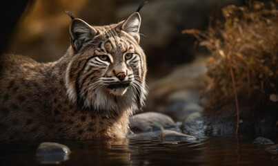 Wall Mural - close up photo of bobcat standing in water. Generative AI