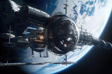 Wall Mural - a sleek and futuristic space station, orbiting the earth, created with generative ai