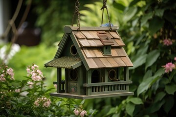 Wall Mural - classic birdhouse with bird feeder in garden, created with generative ai