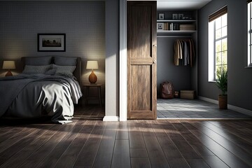 Wall Mural - grey floor tile with bedrooms and wardrobe on background of brown hardwood floor, created with gener