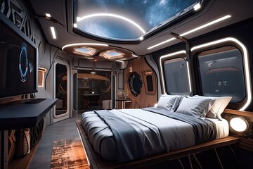 Wall Mural - bedroom with view of the stars and planets, in spaceship flying among them, created with generative ai