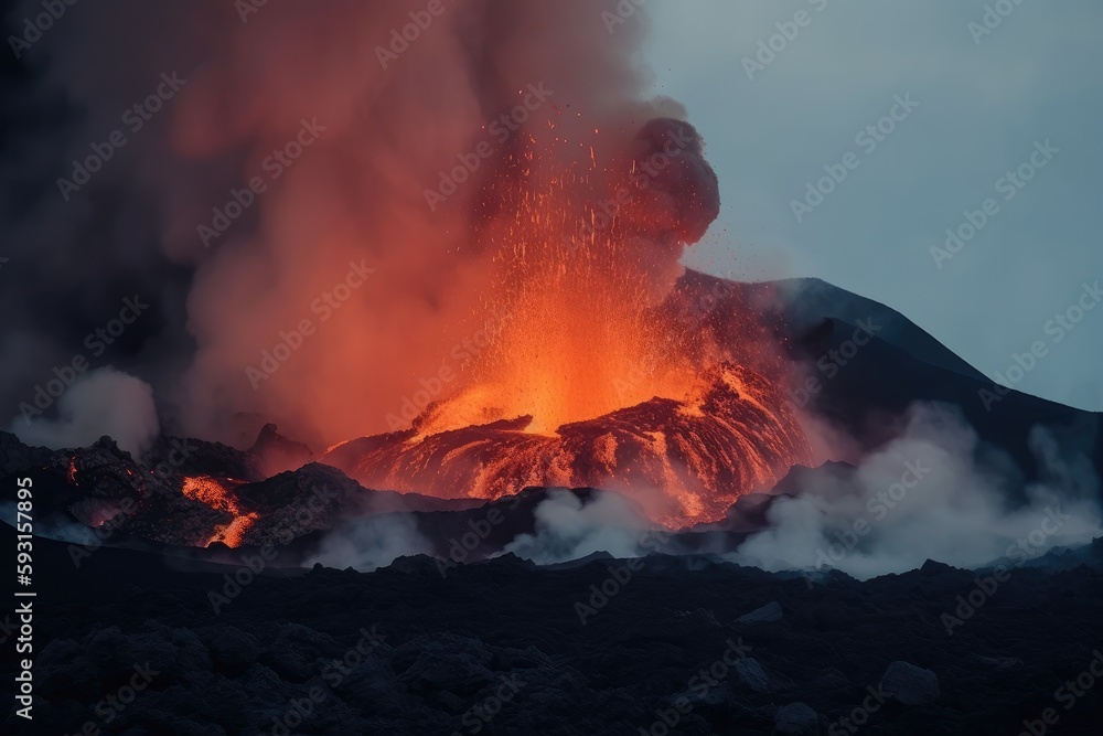 volcanic eruption, with lava flow and smoke billowing from the vent ...