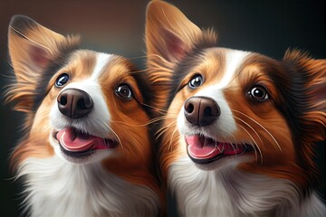 Poster - close-up of two cute dogs' faces, with their eyes shining and tongues hanging out, created with generative ai