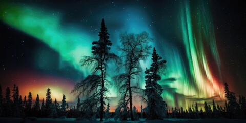 Wall Mural - Colorful polar arctic Northern lights Aurora Borealis activity in winter. Generative AI
