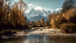 Romantic mountain landscape on a river with a gravel bed in front of the mighty panorama of snow-capped mountains, made with generative ai