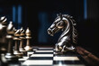 Strategic Silver Horse. Chessboard and Pawn Leadership Concept on Blurred Background