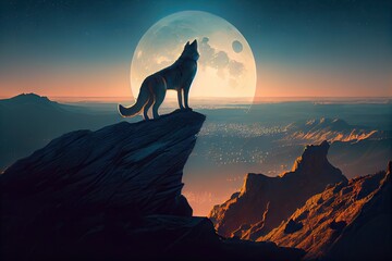 Wall Mural - view of wolf looking down on a mountain valley, with the moon rising above the horizon, created with generative ai