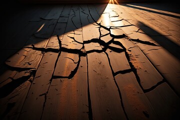Wall Mural - wooden floor with large natural cracks in sunlight, created with generative ai