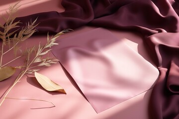  a pink sheet and a plant on a pink surface with a pink cloth behind it and a gold leaf on the left side of the image.  generative ai