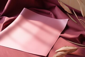 Wall Mural -  a sheet of pink paper on a pink sheet of pink satin with a dried plant in the corner of the sheet of pink paper next to it.  generative ai