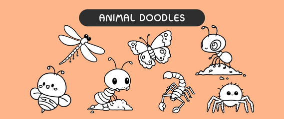 Wall Mural - Animal doodles, black and white outline for coloring book