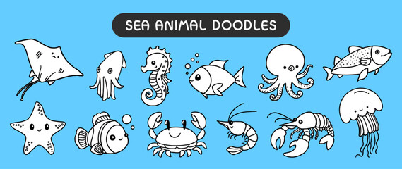 Wall Mural - Animal doodles, black and white outline for coloring book