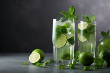  two glasses of mojito with limes and mint on a table with a pitcher of mojito in the back and a pitcher of mojito in the front.  generative ai