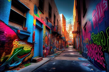 Wall Mural - graffiti alley, lined with colorful paintings and tags, created with generative ai