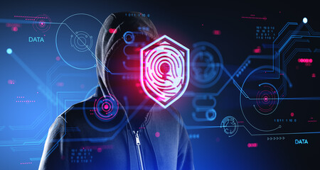hacker in hoodie, data protection interface