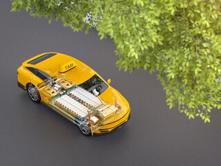 Yellow ev taxi or electric vehicle with pack of battery cells module