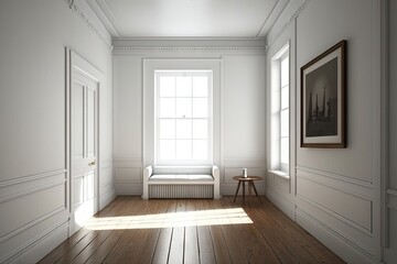 Wall Mural - small white room with hardwood floor and neutral paint, created with generative ai