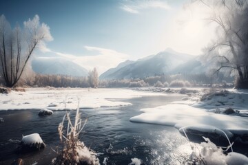 Wall Mural - frozen river, with trees and mountains in the background, making for picturesque winter scene, created with generative ai