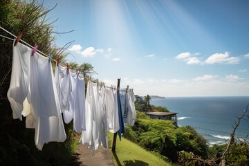 Wall Mural - a line of laundry fluttering in the breeze, with a view of the ocean or park, created with generative ai
